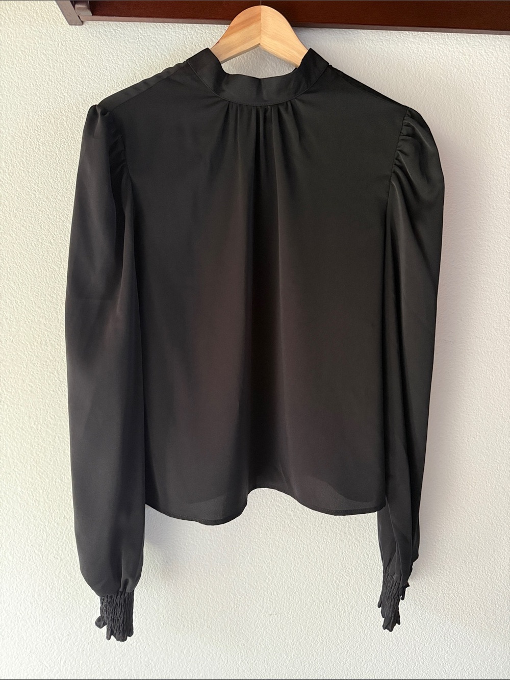Long Sleeve Mock Neck Puff Sleeve, Bow Tie Blouse, Black, Size M